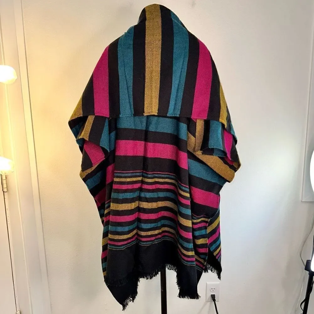 Womens Colorful Woven Striped Sweater Cape‎ Cardigan Fringe Trim Acrylic Boho